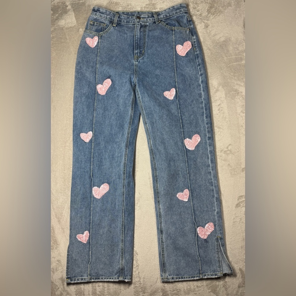 Cider Novelty Sequin Heart Patch Wide Leg High Rise Denim Blue Jeans Size Large